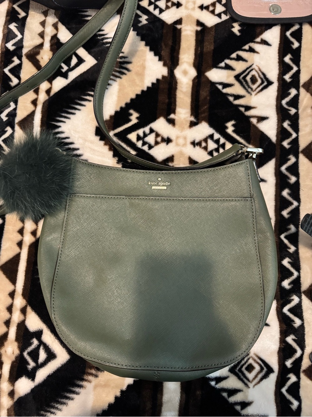 kate spade Olive Green Saffiano Crossbody with Pom Charm